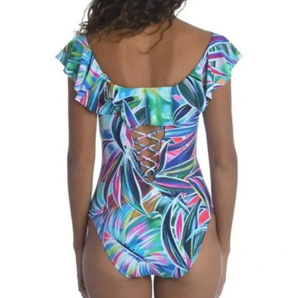 La Blanca Women's Palm Off Shoulder Ruffle One Piece Swimsuit Blue 10 NWT - Picture 5 of 7